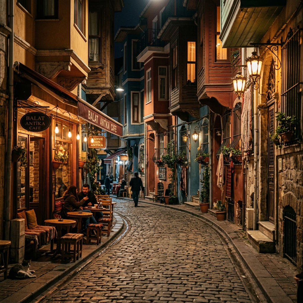 Istanbul private tour - cosy illuminated street cafe in historical Balat area at night