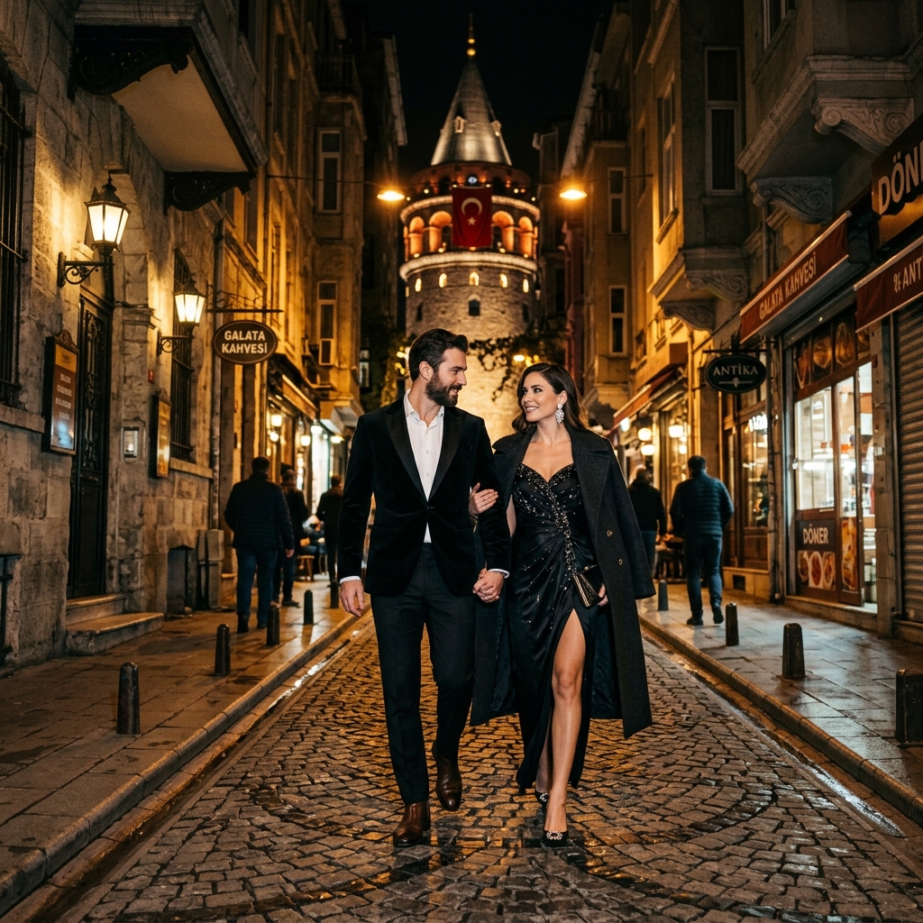 Istanbul photography experience - elegant couple walking near Galata at night
