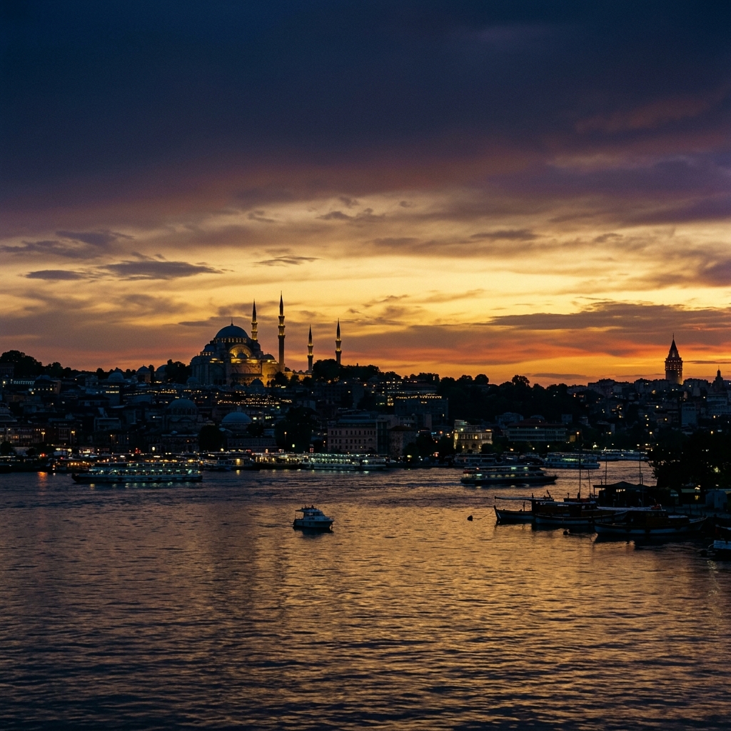 Istanbul night tour - spectacular silhouettes of mosques and twilight skyline across Bosphorus